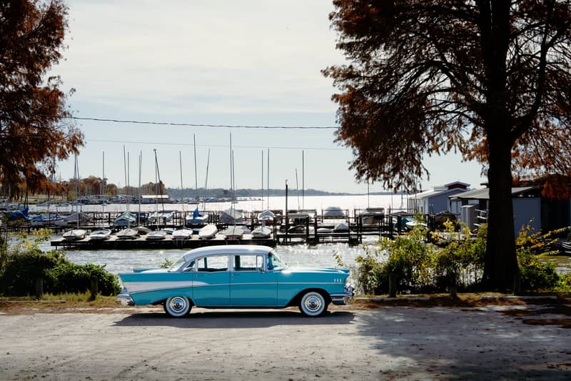 1957 Chevrolet Bel Air — turquoise and white 1957 Chevrolet Bel Air classic car at a Texas marina