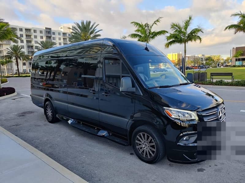 Jet Sprinter Limo — black Mercedes Jet Sprinter luxury limo van with first-class seating