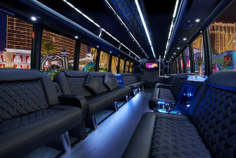 Limo Bus — 30 Passenger — 30 passenger limo bus interior with leather seating and LED lighting