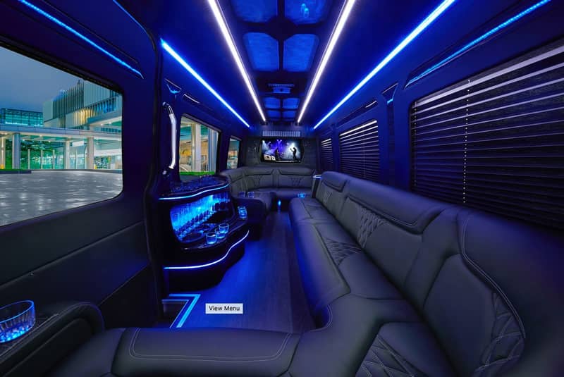 Sprinter Limo — 14 Passenger — black 14 passenger Mercedes Sprinter limo with LED lighting